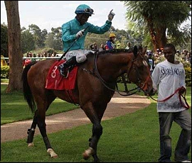 Lazrin, by Bezrin, returning to the winners enclosure after winning the Gr 1 Kenya Derby in 2011.