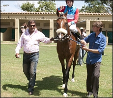 Alesh leading in his son of Kahal, Love Struck, a winner on debut. Image: Gold Circle