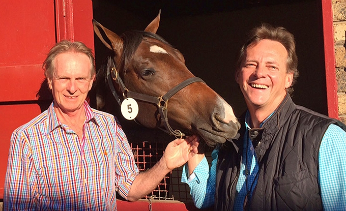 Keith Russon and Ian Todd with Lot 5 Silvano colt Alloy, their first to sell for R1-million. Image: Backworth Stud