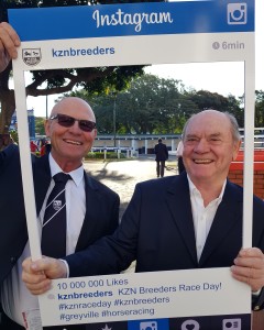 KZN Breeders Chairman Bruce Le Roux and trainer Dennis Drier are all smiles at the KZN Breeders Race Day 2017. Image: Tessa Rich 
